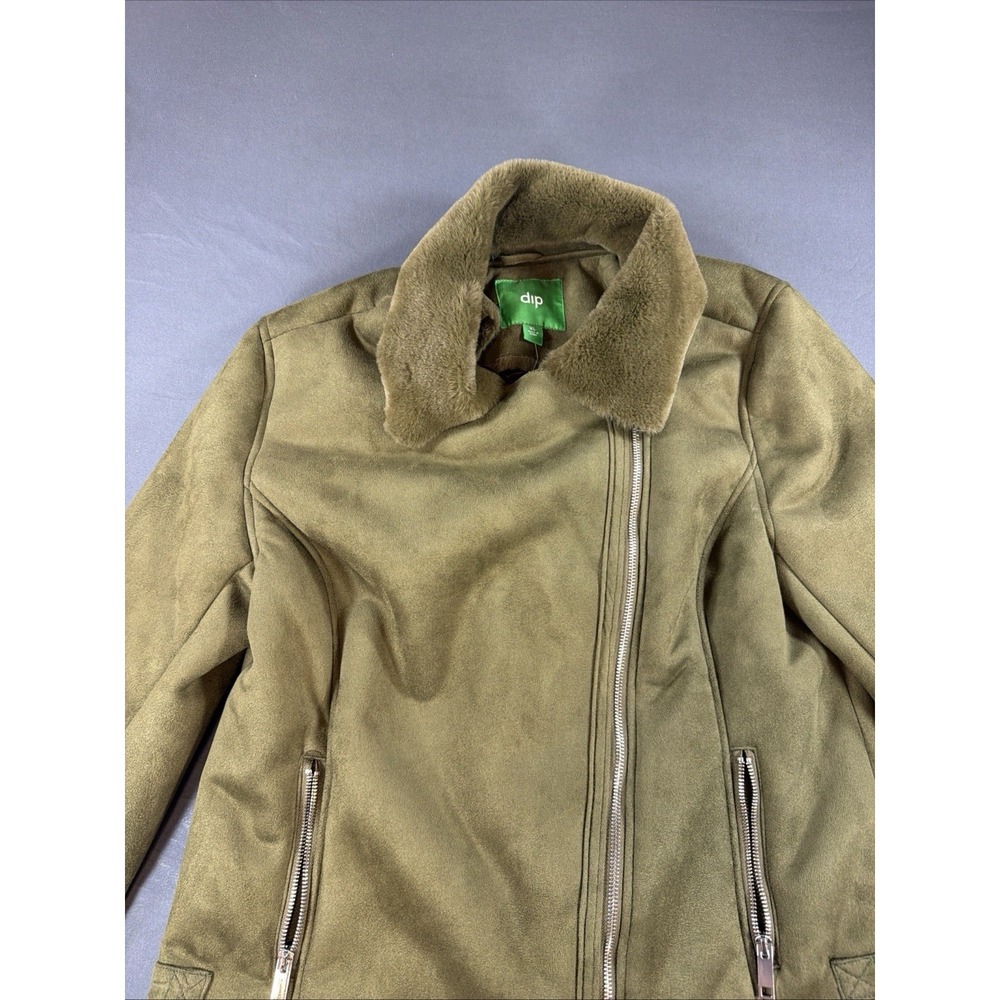 DIP Womens Green Faux Suede Fur Trim Heat Warm Zip Jacket Coat XL